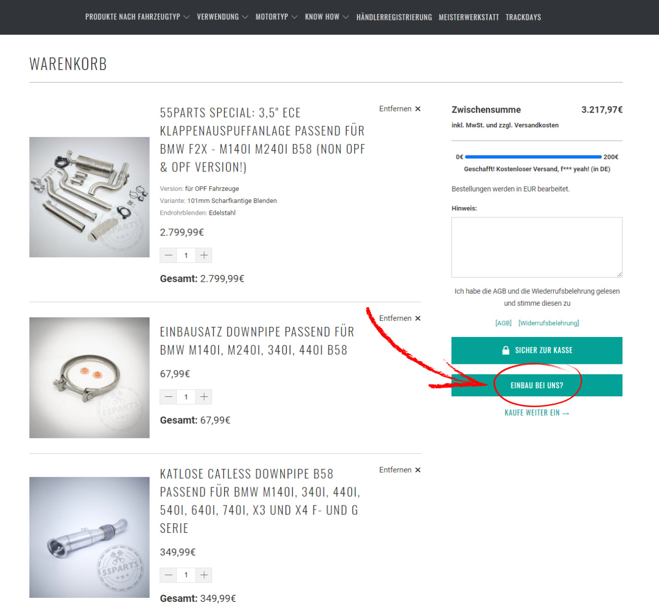 Online-Einkaufswagen mit verschiedenen aufgelisteten Autoteilen und einem roten Pfeil, der auf die Schaltfläche „EINKAUF OHNE LOGIN?“ zeigt, um den Bezahlvorgang zu vereinfachen.