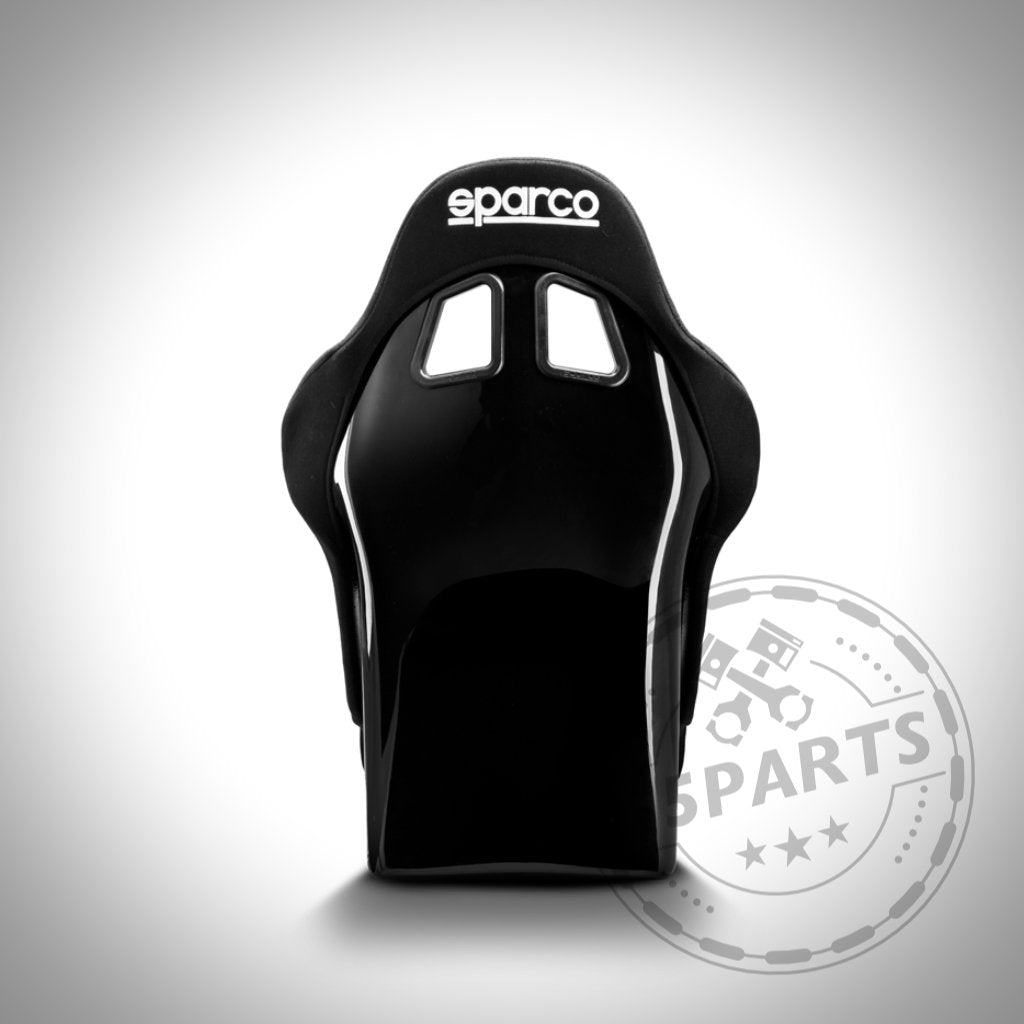 Der Sparco REV QRT Schalensitz (FIA) in Schwarz, von hinten vor weißem Hintergrund abgebildet, verfügt über eine hohe Rückenlehne und Kopfstütze – perfekt für Rennsportfans, die ihr Fahrzeug für die Rennstrecke aufrüsten möchten.