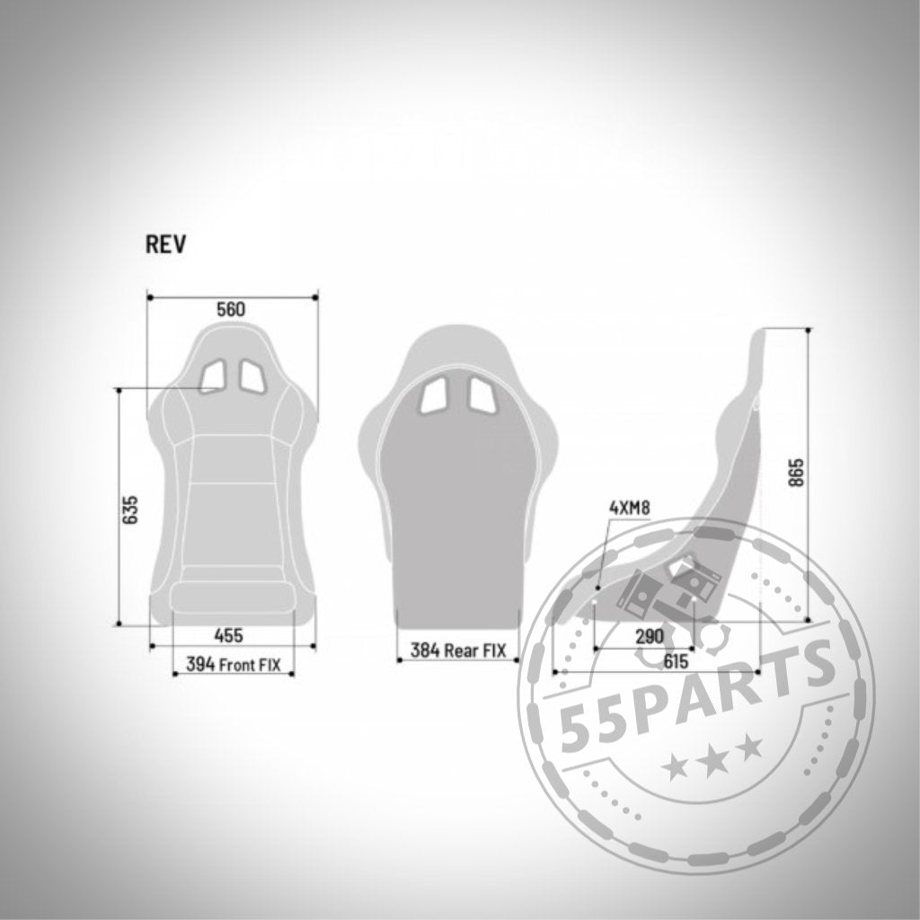 Diagramm des Sparco REV QRT Schalensitzes (FIA) von Sparco mit Vorder-, Rück- und Seitenansicht sowie detaillierten Abmessungen in Millimetern. Ideal für den rennstreckentauglichen Fahrzeugaufbau.