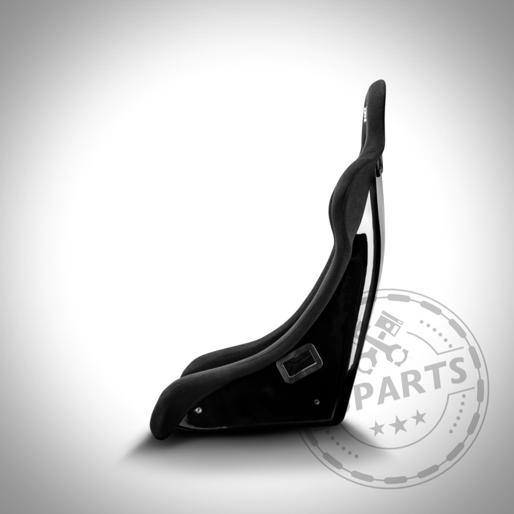 Seitenansicht eines schwarzen Sparco REV QRT Schalensitzes (FIA) von Sparco mit hoher Rückenlehne – ideal für rennstreckentaugliche Fahrzeuge – vor hellgrauem Hintergrund.