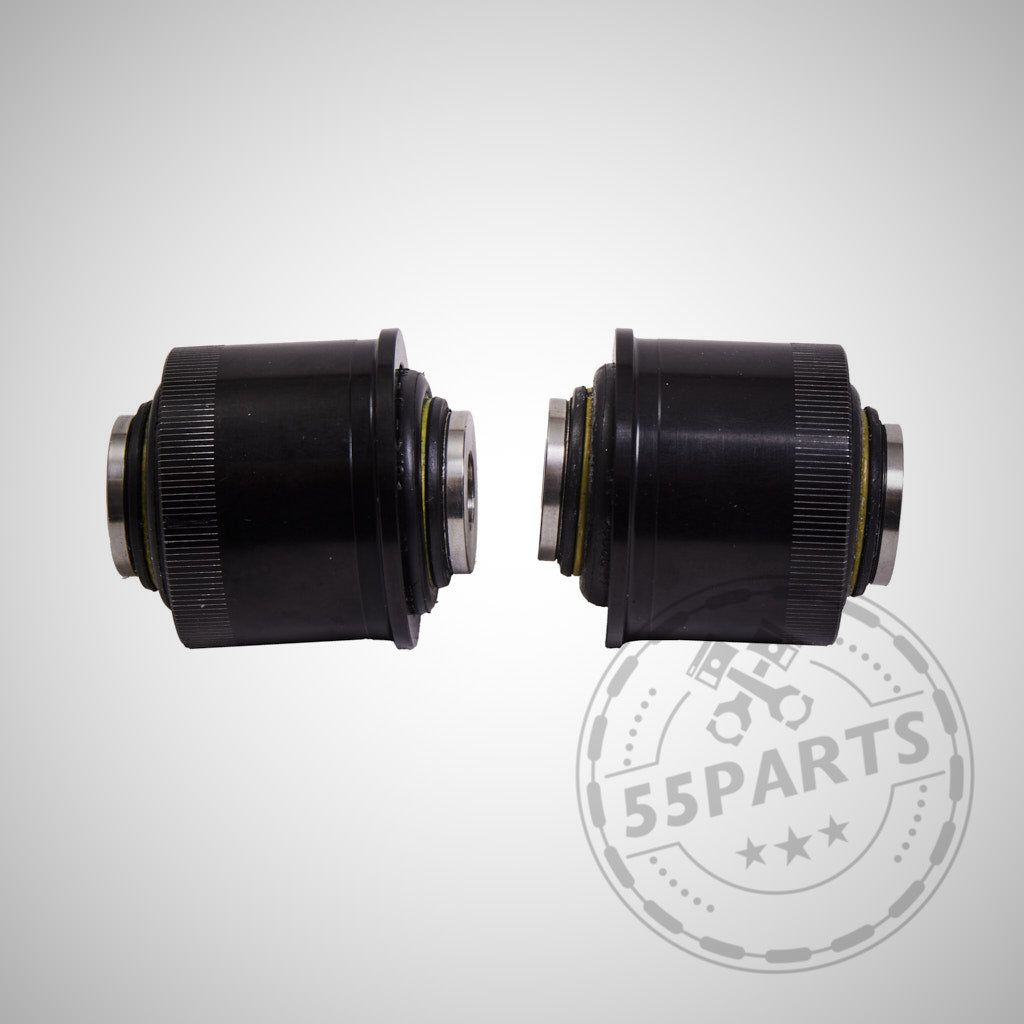 Zwei schwarze NoFlex-Lager (Uniball Lager vorderer Querlenker), nebeneinander auf hellem Hintergrund – passend für alle BMW 1–4er F-Serie (F2x, F3x), inkl. xDrive/alle Motoren; Perfekt für Fahrwerksmodifikationen.