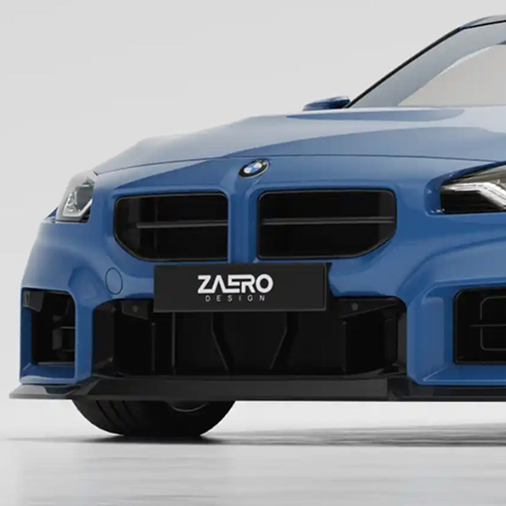 Frontansicht eines blauen BMW M2 G87 mit dem ZAERO Design EVO-S Frontgrill und einem individuellen Zastro Design Nummernschild vor weißem Hintergrund.