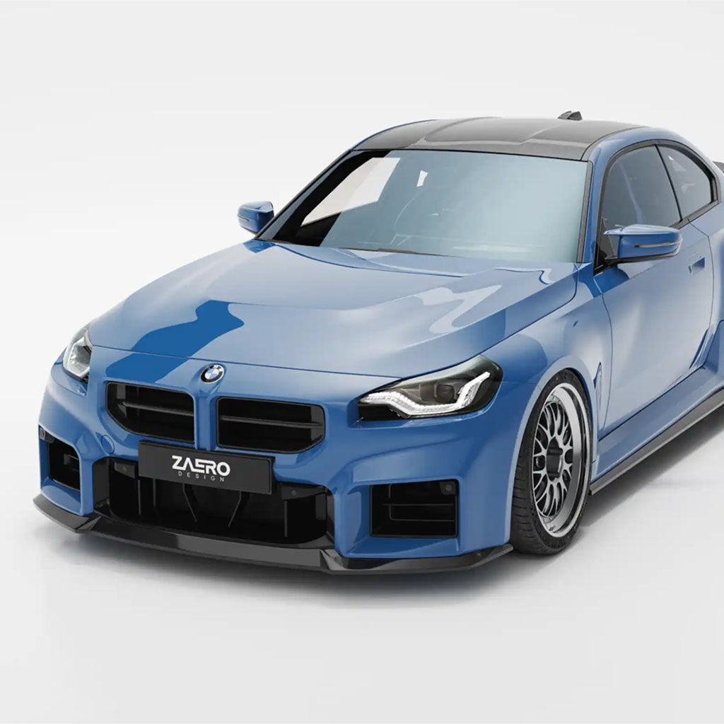 Blauer BMW M2 G87 mit schwarzen Akzenten, ausgestattet mit einer ZAERO Design EVO-S Frontlippe, dargestellt von der Vorderseite auf einem weißen Hintergrund. Marke: ZAERO.
