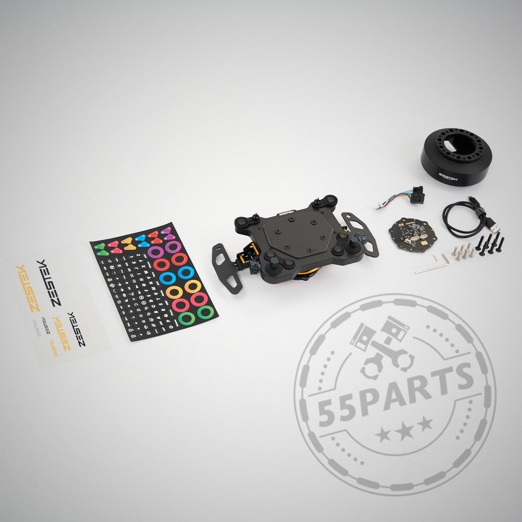 Das 55Parts Exklusiv: Zestek Lenkrad HUB für alle BMW E-, F-, G-Serien und Toyota Yaris/Supra beinhaltet eine Steuerplatine, Kabel, Schrauben, Aufkleber, einen runden Motor und einen Schnellverschlussmechanismus auf weißem Hintergrund.