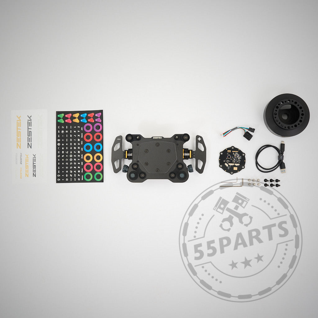 Das 55Parts Exklusiv: Zestek Lenkrad HUB-Kit für alle BMW E-, F-, G-Serien und Toyota Yaris/Supra umfasst einen Schnellspanner, Zubehör, Aufkleber, Kabel und Schrauben – alles auf einem hellen Hintergrund dargestellt.