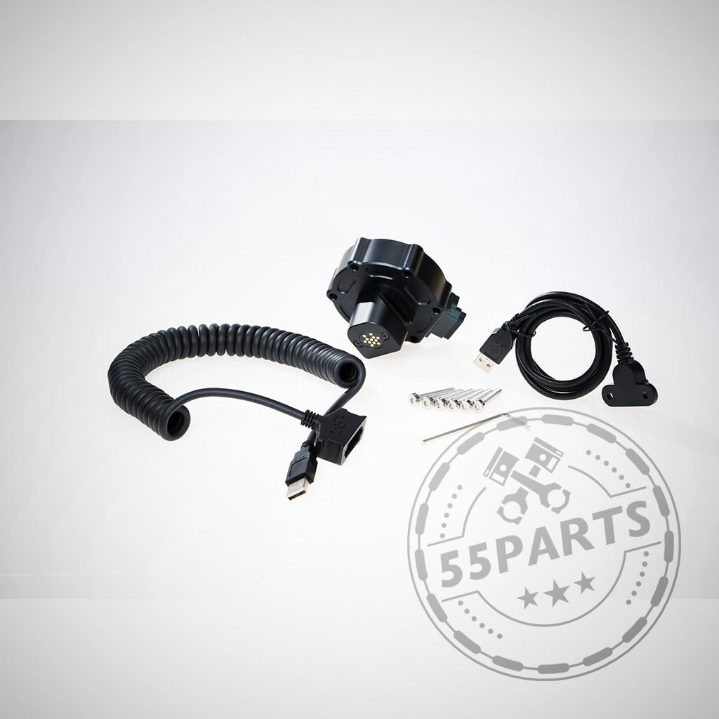 Das 55Parts Exklusiv: Zestek HUB Simracing Adapter Kit enthält gewickelte und gerade schwarze Kabel, Stecker, Schrauben und das Zestek Sim Rig Adapter Logo auf weißem Hintergrund. Marke: 55Parts.
