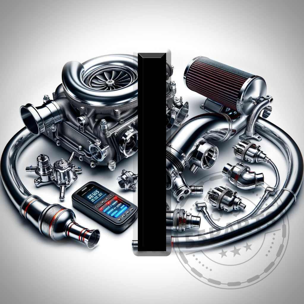 Verschiedene glänzende Automotorteile und ein Diagnosegerät umgeben einen großen schwarzen vertikalen Balken, ideal zur Präsentation des Stage 1-Leistungspakets passend für BMW M140I, M240I, 340I, 440I B58 (ohne OPF) Gen 1 aus dem Custom Bundle in Ihrem Shopify Bundle Builder.