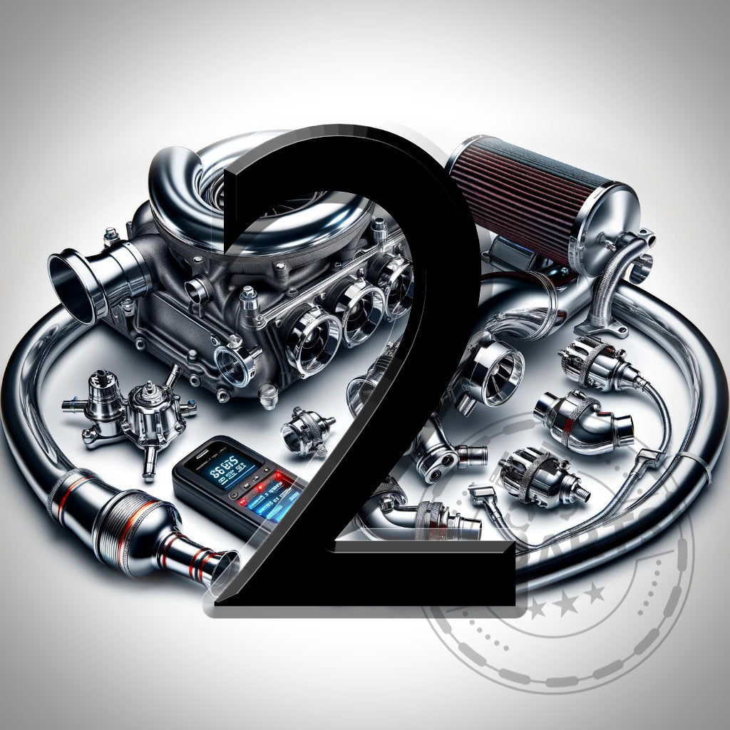 Eine große Nummer 2 über Automotorteilen, Werkzeugen, einem digitalen Gerät und „Stage 2/2+ Leistungspaket passend für BMW M140I, M240I, 340I, 440I B58 (ohne OPF) Gen 1“ mit dem Custom Bundle-Logo auf weißem Hintergrund.