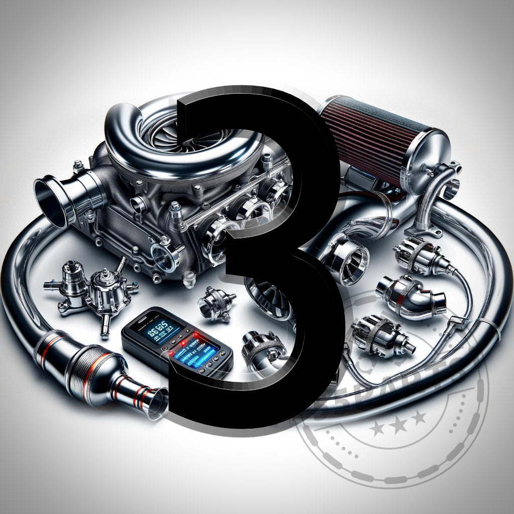 Stage 3 Leistungspaket passend für BMW M140I, M240I, 340I, 440I B58 (ohne OPF) Gen 1 von Custom Bundle als stylisches Produktbild mit Turbo-Teilen und großen schwarzen 3 – perfekt für Ihr Bundle-Seitenvisual oder als Dummy im Bundle Builder.