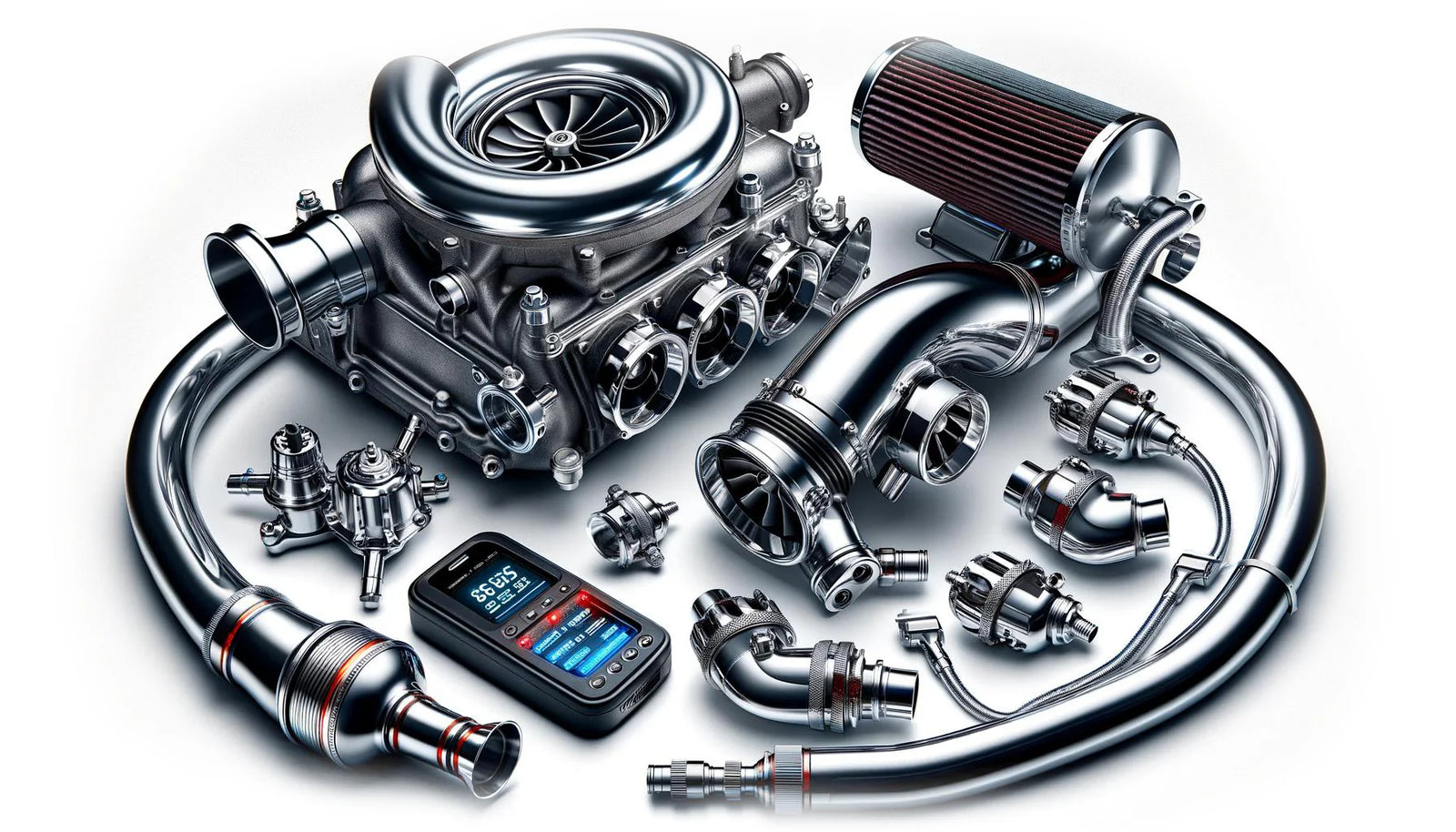 Stage 3 Leistungspaket passend für BMW M140I, M240I, 340I, 440I B58 (ohne OPF) Gen 1 von Custom Bundle als stylisches Produktbild mit Turbo-Teilen und großen schwarzen 3 – perfekt für Ihr Bundle-Seitenvisual oder als Dummy im Bundle Builder.