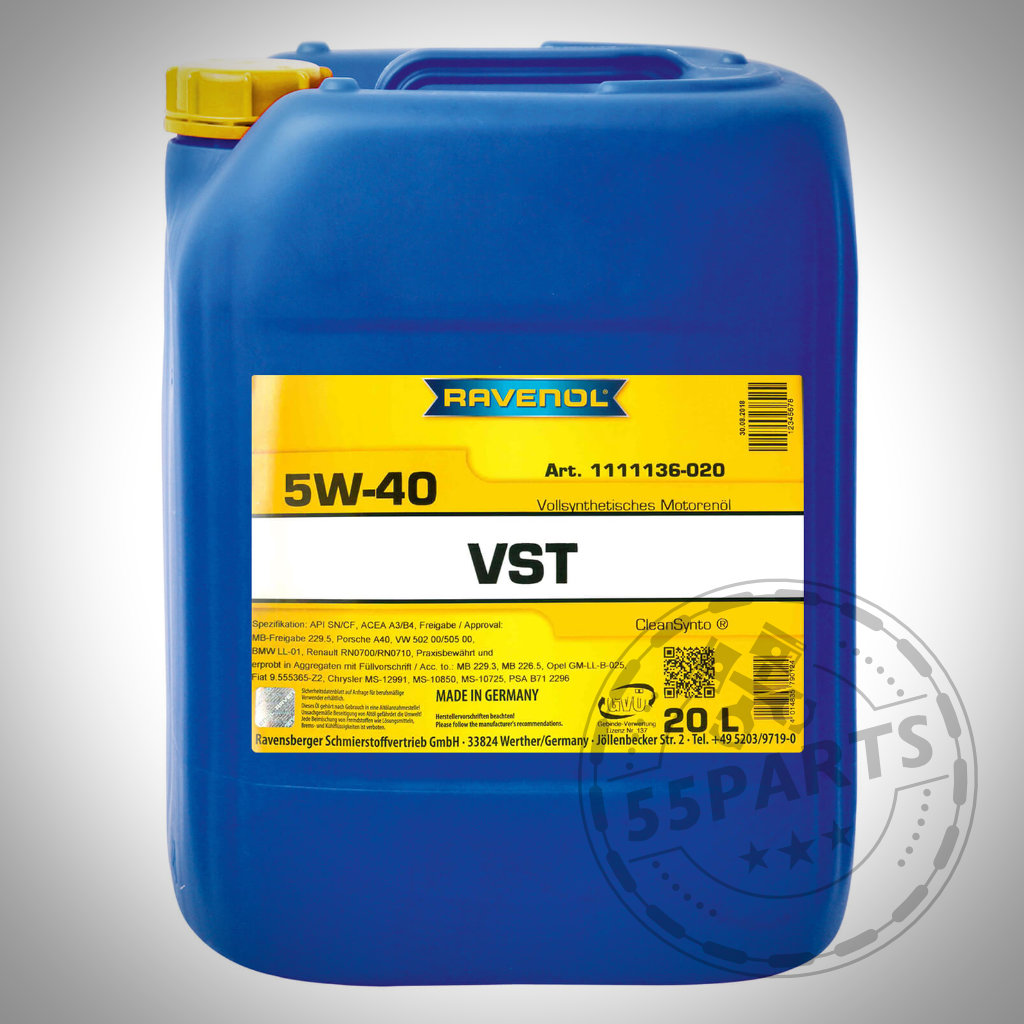20L blauer Kanister Ravenol RAVENOL VollSynth Turbo VST SAE 5W-40 vollsynthetisches Motoröl mit gelbem Etikett und CleanSynto Technologie.
