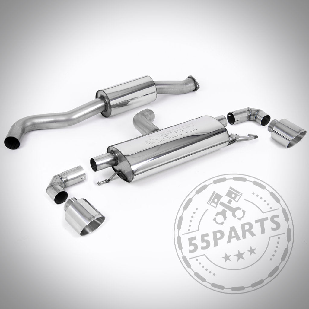 Milltek Abgasanlage ab OPF mit ECE für Toyota Yaris GR Gen 1 auf weißem Hintergrund mit 55Parts Logo dargestellt.