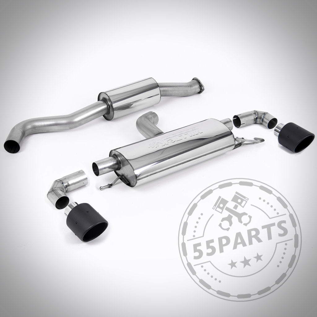 Milltek Abgasanlage ab OPF mit ECE für Toyota Yaris GR Gen 1, Edelstahl mit schwarzen Endrohren, präsentiert vor weißem Hintergrund und 55Parts Logo.