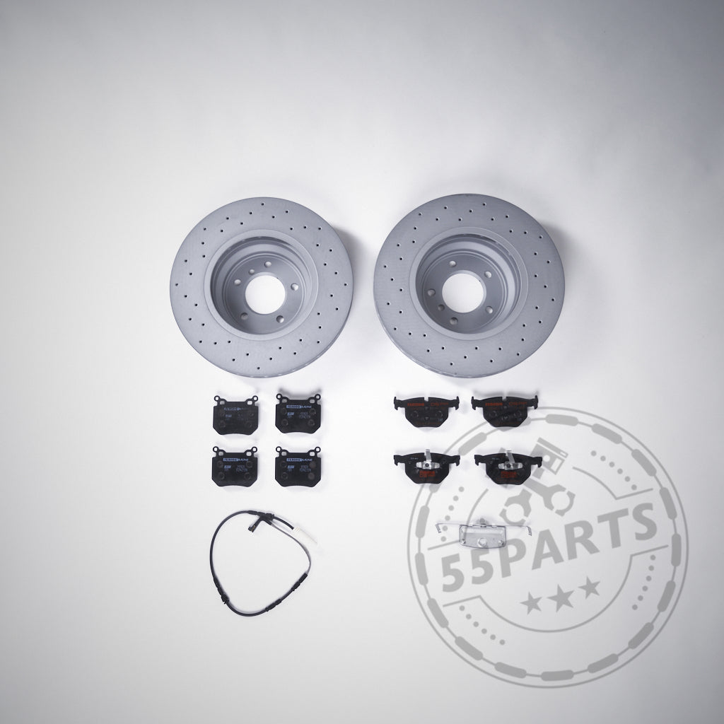 55Partss Spezial-Bremsen-Set Vorderachse passend für BMW 1er 2er F2x, 3er F3x (35i, 40i, 340 mm): Zwei gelochte Bremsscheiben, acht Bremsbeläge, Sensorkabel und Kleinteile – perfekter Ersatz von Verschleißteilen.