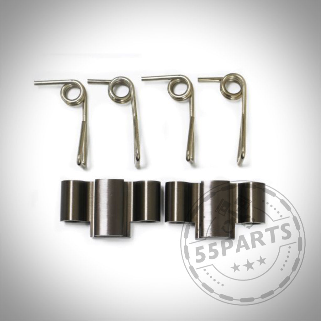 Vier Metalltorsionsfedern und vier zylindrische Teile, das spezielle AP Racing Pro 5000R Bremssättel CP9440/9448/9449/9660/9665/9668 Anti Rattle Zubehör/Belag Vorspannkit, abgebildet auf weißem Hintergrund.