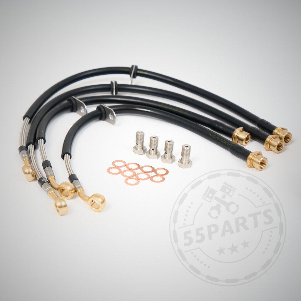 Das 55Parts-Special: AP Racing Pro 5000 R 4-Kolben Big Brake Kit für GR Yaris & BMW Modelle (Vorder- und Hinterachse) verfügt über schwarze geflochtene Schläuche, gold/silberne Armaturen, Kupferscheiben und Metallschrauben – ideal für Rennstrecken- oder Big Brake Kit-Upgrades.