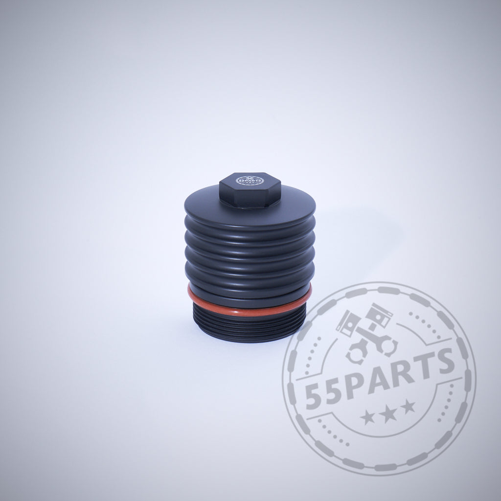 Die 55Parts Exclusive Aluminium Ölfilterkappe mit Sechskant in Schwarz mit Rillen und rotem Ring, passend für BMW N20, N57, N52, N53, N54, N55, S55, B46, B48, B57 & B58 Motoren auf hellem Hintergrund.