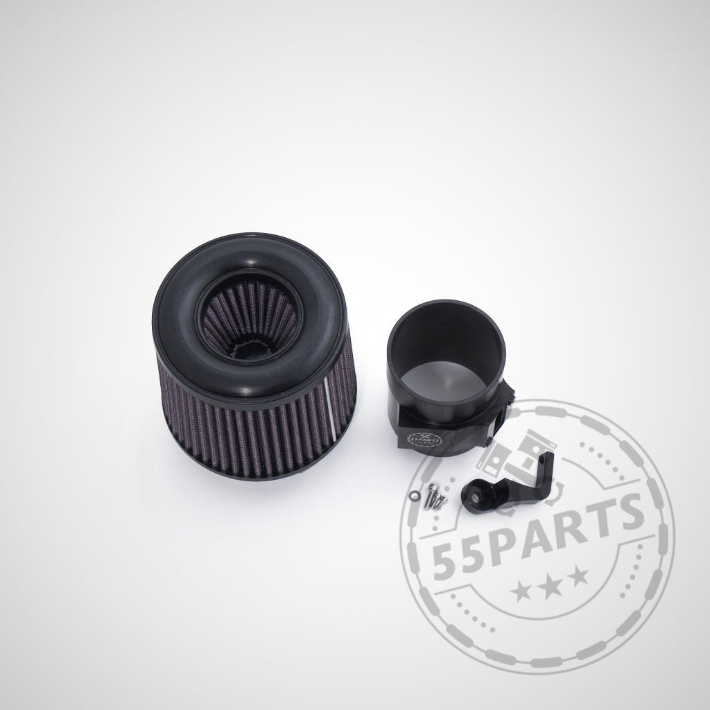 55Parts Special Offene Ansaugung-Luftfiltersatz mit Montageteilen und Klemme passend für BMW M140I, M240I, 340I, 440I, 540i F/G-Serie und Toyota Supra MK5 B58 (inkl. Teilegutachten), abgebildet auf hellgrauem Hintergrund mit Logo-Wasserzeichen.