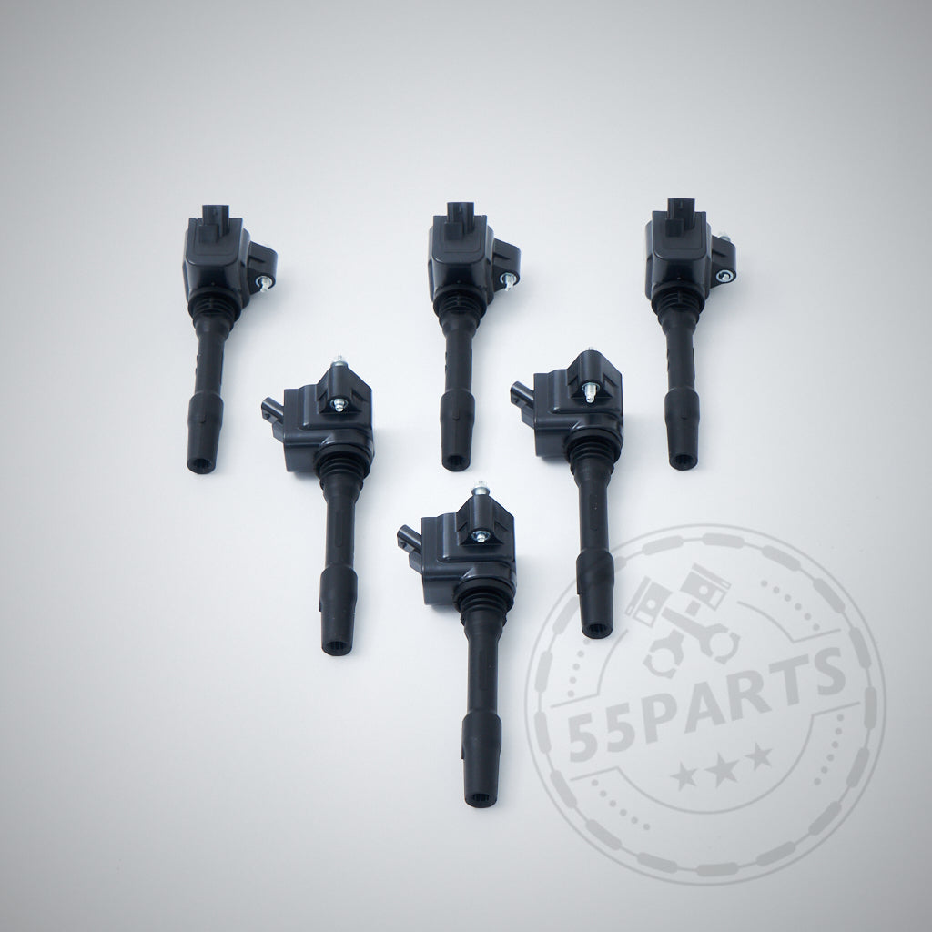 Sechs schwarze Zündspulen passend für BMW F- und G-Serie Fahrzeuge mit B38, B46, B48, B58 und S58 Motor sind in zwei Reihen auf hellgrauem Hintergrund mit dem 55Parts-Logo-Wasserzeichen angeordnet.