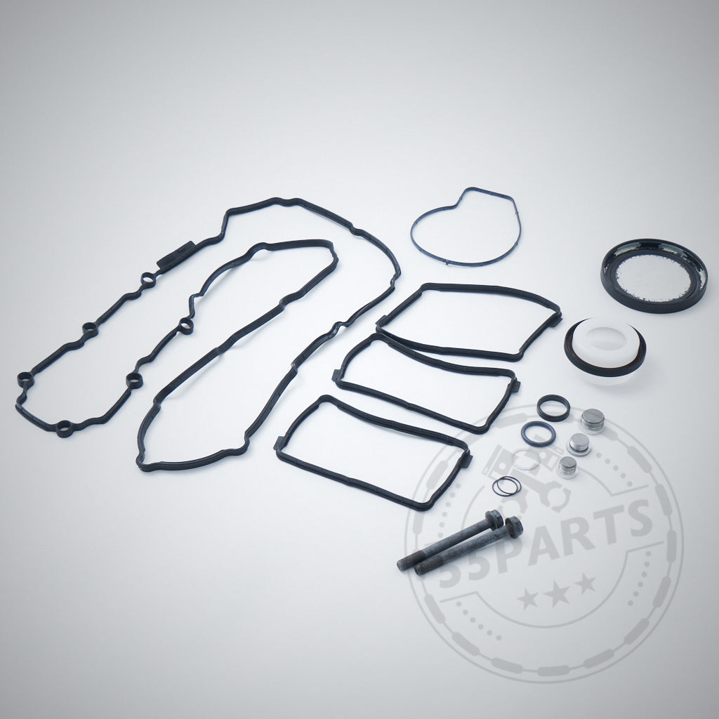 55Parts Exklusives Einbauset für einteilige Kurbelnabenfixierung / Kurbelwellensicherung (BMW M2 Competition, M3, M4 S55) – sortierte Dichtungen, Ringe, Schrauben und Dichtungen auf einer hellgrauen Oberfläche angeordnet.