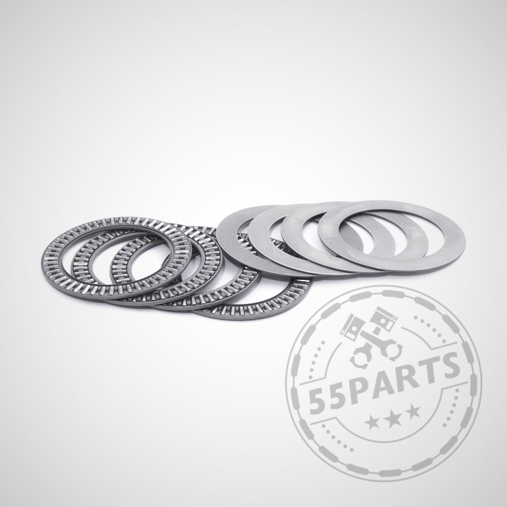 Sechs 55Parts Special BMW Motorsport Federunterlagen mit Nadellager für 60mm Federn auf weißem Hintergrund, ideal zum Stoßdämpfer entkoppeln.