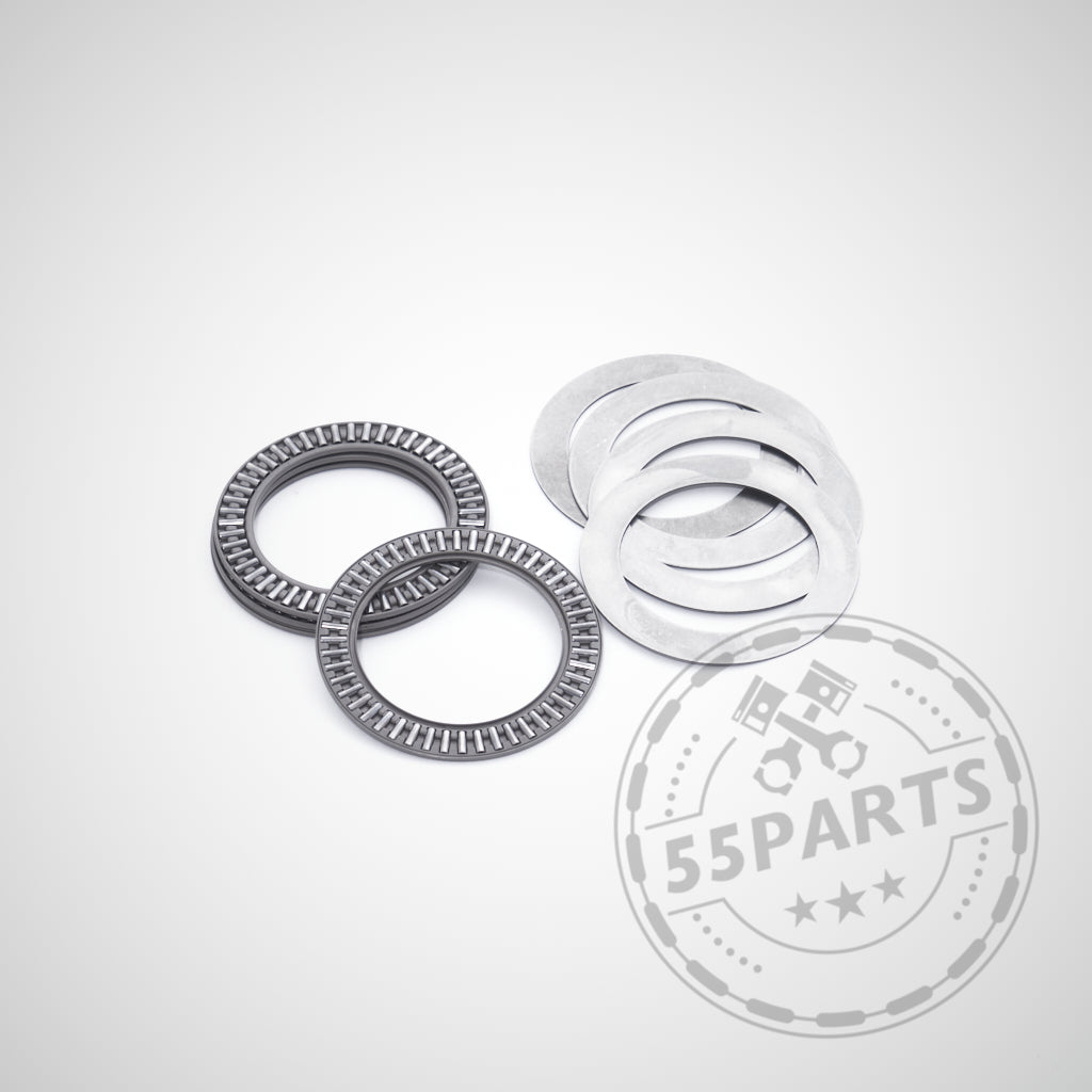 55Parts Special: BMW Motorsport Federunterlage mit Nadellager passend für 60mm Federn. Zwei Sets auf weißem Hintergrund, ideal zur Vermeidung von Federratenspitzen. Dezentes 55Parts-Logo als Wasserzeichen sichtbar.