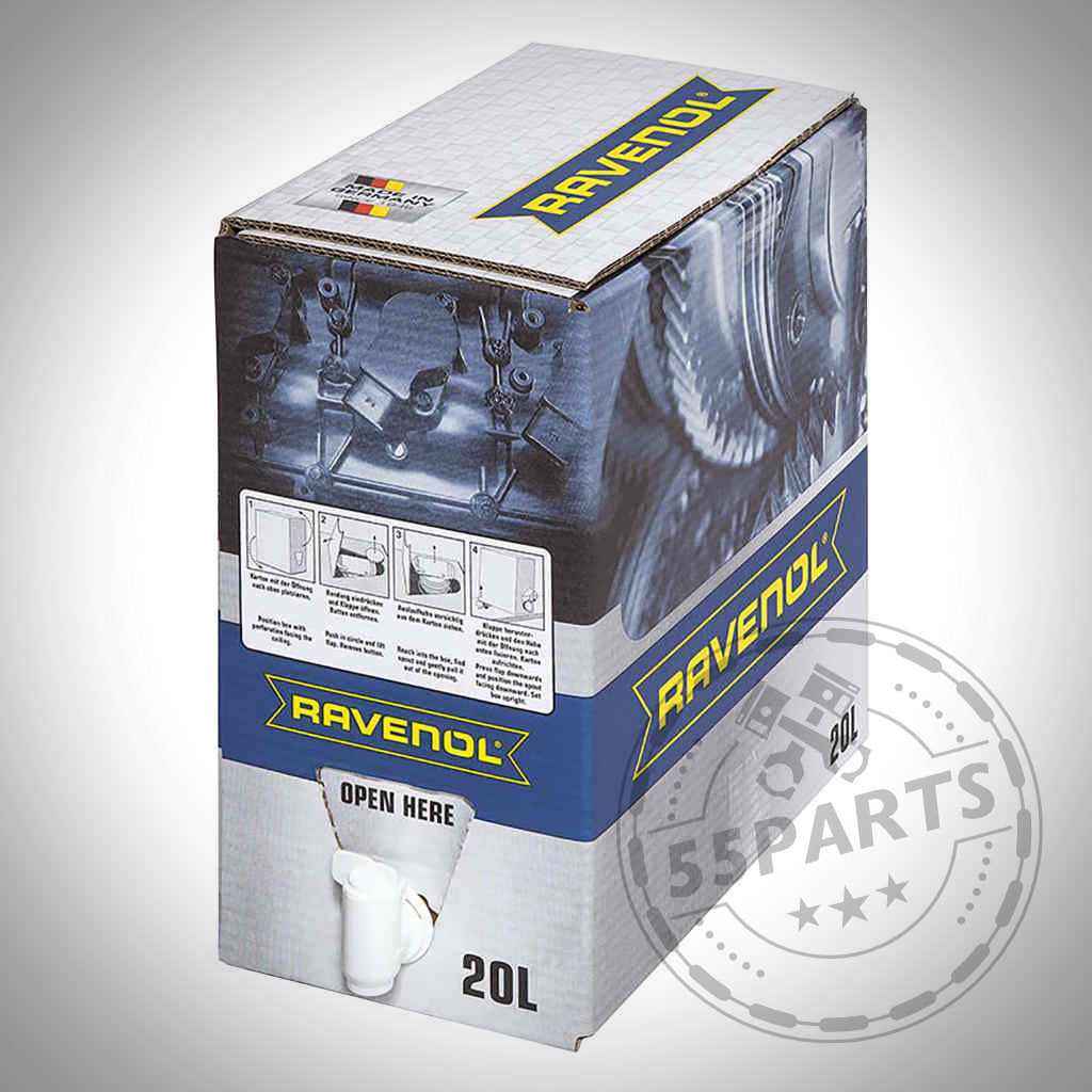 Ein 20-Liter-Karton Ravenol VollSynth Turbo VST SAE 5W-40 Motoröl mit CleanSynto-Technologie, ausgestattet mit einem Zapfhahn, Produktbranding und einem „Hier öffnen“-Etikett am Ausguss.