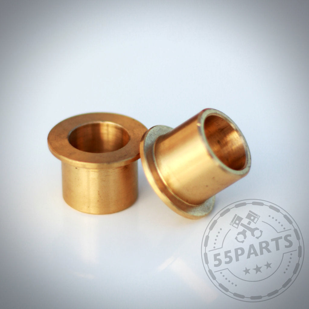 Zwei bronzene Hülsen auf hellem Hintergrund, unten rechts das 55Parts-Logo. Werten Sie Ihr BMW Kupplungspedal mit den 55Parts Exclusive auf: Hülsen passend für BMW Kupplungspedal (Ultimatives Kupplungspedal).