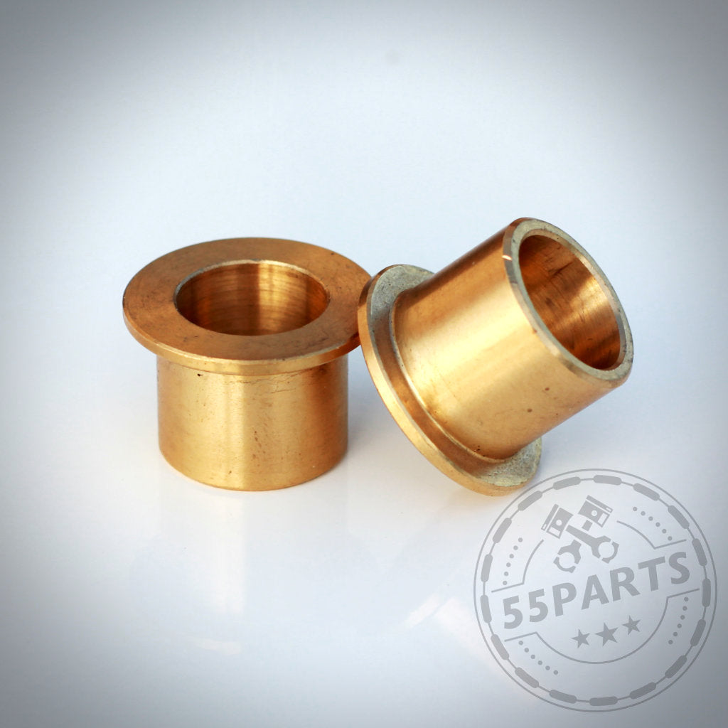 Auf weißem Hintergrund sind zwei bronzene 55Parts Hülsen mit Flanschen abgebildet – das perfekte Upgrade für Ihr BMW Kupplungspedal (Ultimatives Kupplungspedal). In der Ecke ist ein 55Parts Logo sichtbar.