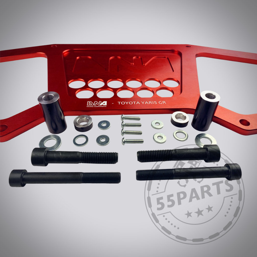 DNA Racing Versteifungsstrebe vorderer Achsträger hinten für Toyota Yaris GR – hochwertiges Kit mit Bolzen, Scheiben und Distanzstücken, ideal für Yaris GR-Fans, die Qualität von DNA Racing suchen.