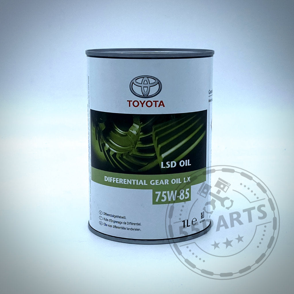 Eine 1L Dose Original Toyota Differentialöl 75W85 LX, passend für den Toyota Yaris GR, mit grünem Zahnradbild auf dem Etikett.