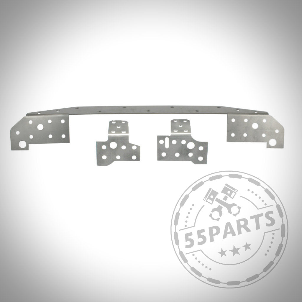Verstärkungsbleche Hinterachse passend für BMW 3er E46, mit mehreren Löchern für Modifikationen, auf weißem Hintergrund und 55Parts-Wasserzeichen.
