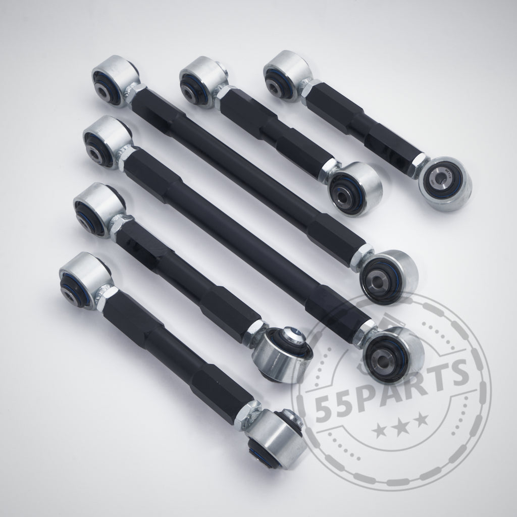 Sechs schwarze 55Parts Uniball Lenker Set Querlenker passend für BMW 1er E8x, 1er M Coupé und M3 E9x sind sauber auf weißem Untergrund angeordnet und verfügen über silberne Enden für die Hinterachse.