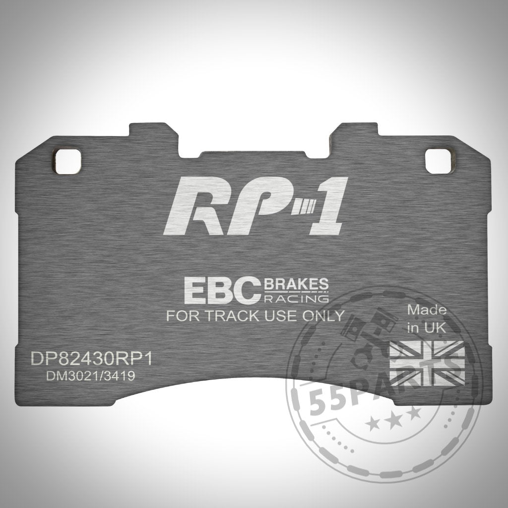 EBC Rennbremsbeläge RP-X, RP-1 für Toyota Yaris GR, mit UK-Flagge und Produktcodes – speziell für die Rennstrecke und Track Use Only.