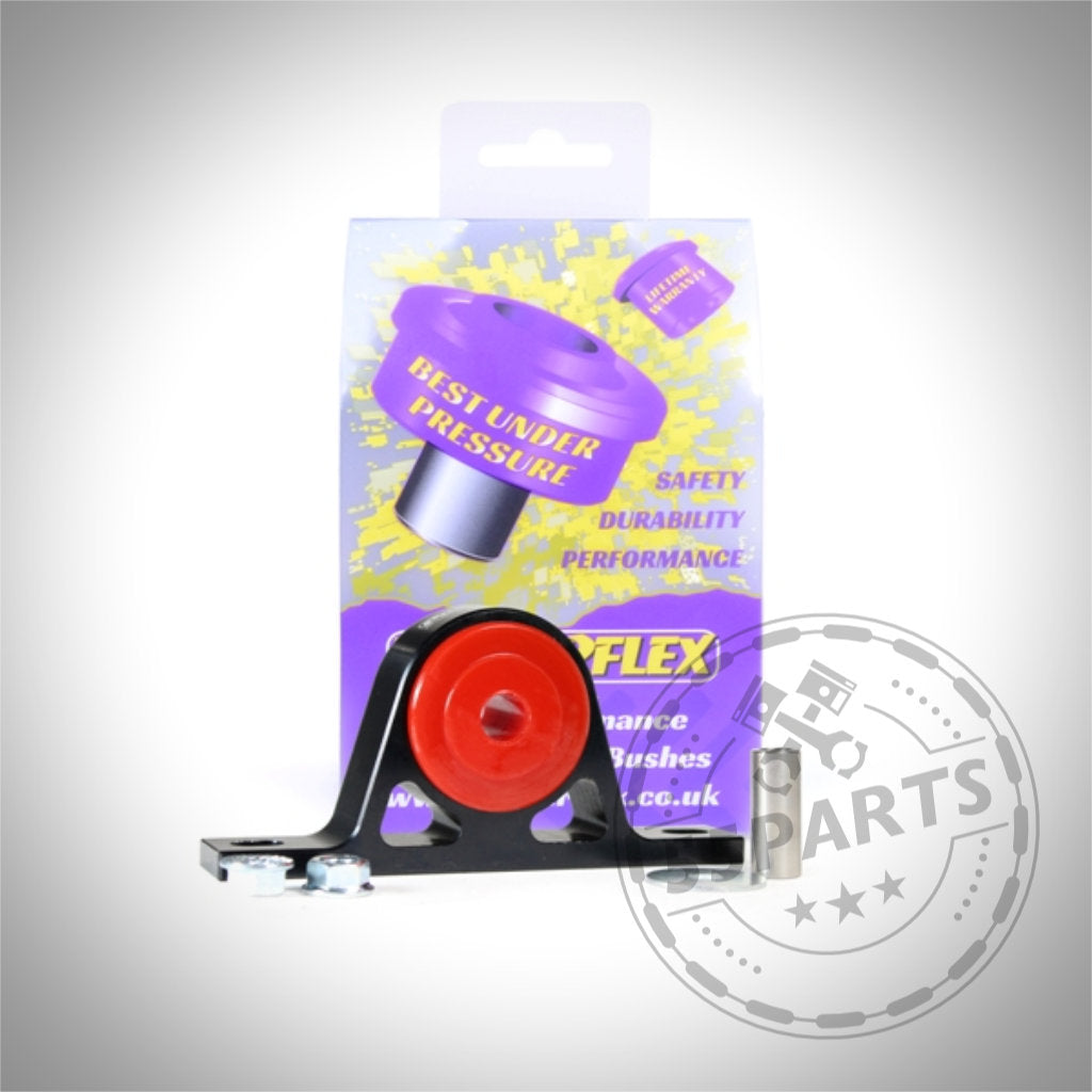 Powerflex PU Auspufflager Endschalldämpfer hinten passend für BMW M3 E9x, E36 (alle Modelle) und E46 M3 mit rotem Lager, Metallhalterung und Produktverpackung im Hintergrund.