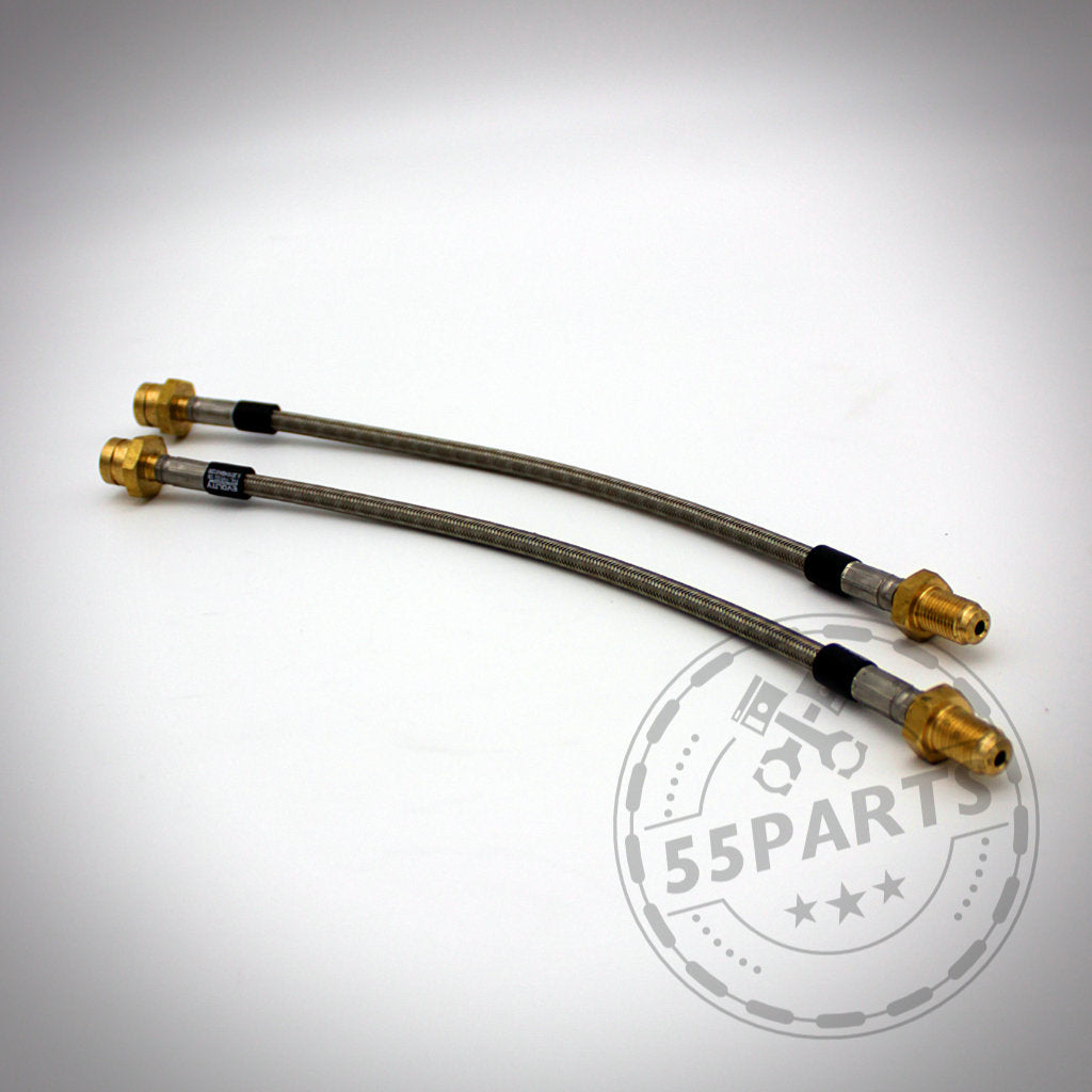 Vier Fischer Stahlflex Bremsleitungen mit ABE, passend für BMW E-Serie (E3x, E4x, E6x, E8x, E9x), mit Metallanschlüssen auf weißem Hintergrund.