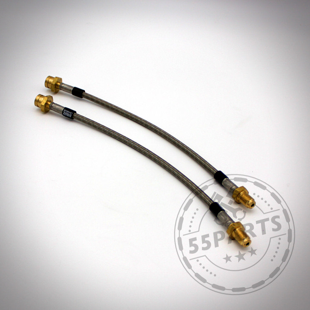 Zwei Fischer Stahlflex-Geflechtbremsschläuche mit Messinganschlüssen, passend für die BMW F-Serie (F1x, F2x, F3x, F8x), abgebildet auf weißem Hintergrund.