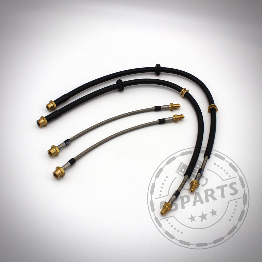 Vier Fischer Stahlflex-Bremsleitungen mit Metallbeschlägen sind auf weißem Hintergrund abgebildet, das BP Parts-Logo ist sichtbar. Passend für die BMW F-Serie F1x, F2x, F3x und F8x bieten diese Leitungen zuverlässige Leistung und Sicherheit.