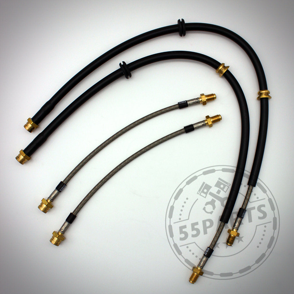 Vier Fischer Stahlflex Bremsleitungen mit ABE für Mini Cooper R50, R53, R56, F56, R60 mit Metallbeschlägen sind auf weißem Hintergrund neben dem Fischer-Logo abgebildet.