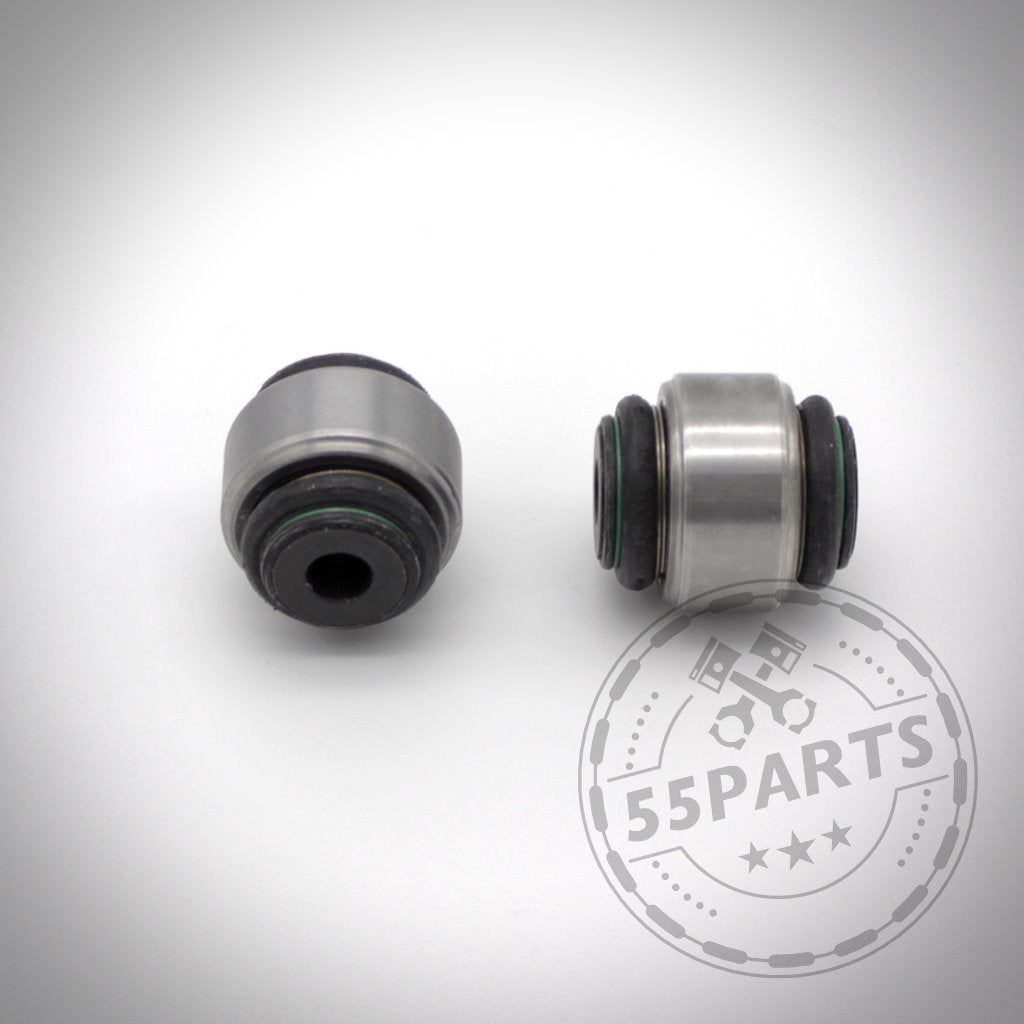 Zwei zylindrische NoFlex-Kugellager aus Metall mit schwarzen Gummienden, ideal als Kugelgelenksatz für originale Spur- und Längslenker, passend für BMW 1er E8x & 3er E9x. Abbildung auf weißem Hintergrund.