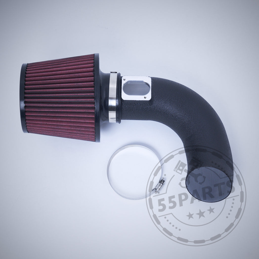 Schwarz-rote offene Ansaugung Dual Cone Intake, passend für BMW M2 Competition, M3, M4 S55, inklusive Schlauchschelle und Schraube; perfekt für FBO-Setup oder offene Ansaugung auf hellgrauem Hintergrund.