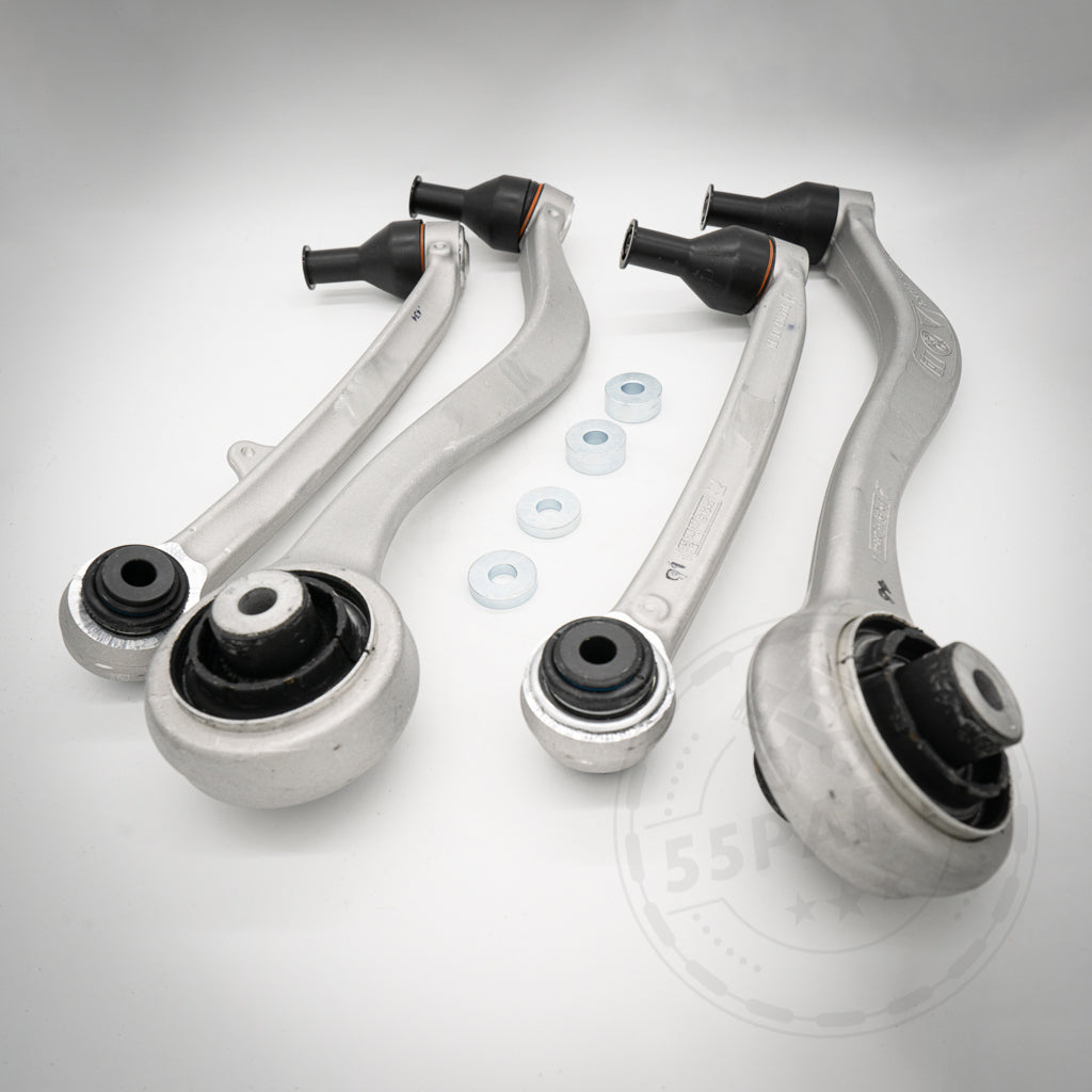 Vier silberne 55Parts M2/3/4 Fahrwerkskomponenten (mit NoFlex-Lagern) Vorderachs-Upgrade-Querlenker passend für BMW 1er/2er F2x, 3er F3x, auf hellem Hintergrund dargestellt – eine perfekte Wahl für Ihr nächstes Upgrade.