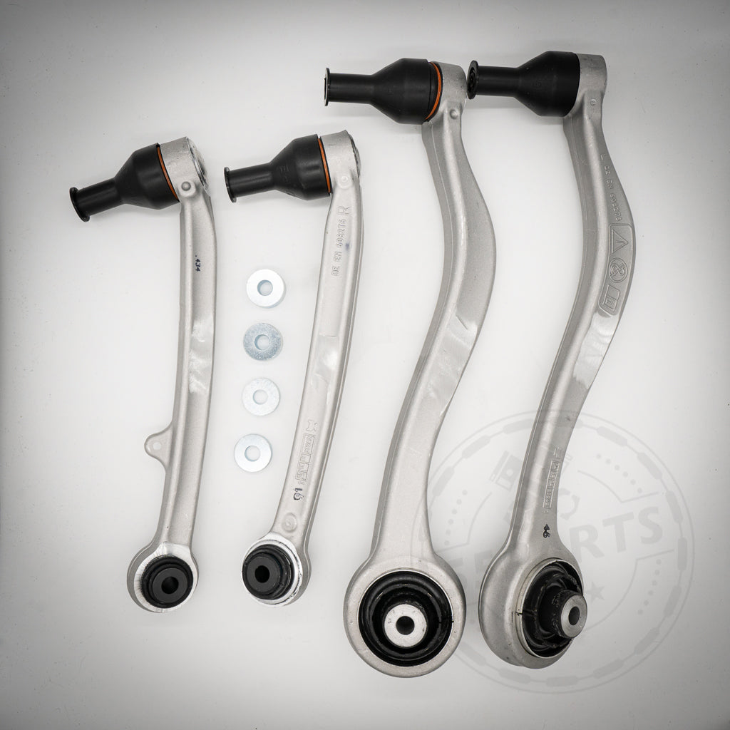 Vier silberne 55Parts M2/3/4 Fahrwerkskomponenten (mit NoFlex-Lagern) Vorderachs-Upgrade-Querlenker passend für BMW 1er 2er F2x, 3er F3x mit schwarzen Buchsen und drei Unterlegscheiben, ideal für Upgrades oder Modifikationen.