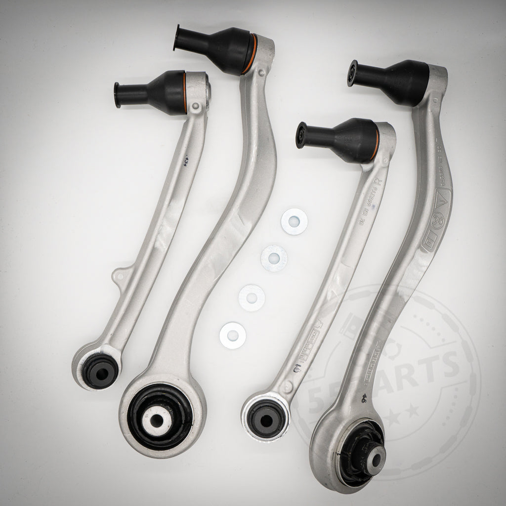 Rüsten Sie Ihren BMW 1er/2er F2x, 3er F3x mit dem 55Parts M2/3/4 Fahrwerkskomponenten Vorderachs-Upgrade auf. Es umfasst vier silberne Querlenker mit NoFlex-Lagern und Unterlegscheiben. Für verbesserte Leistung.