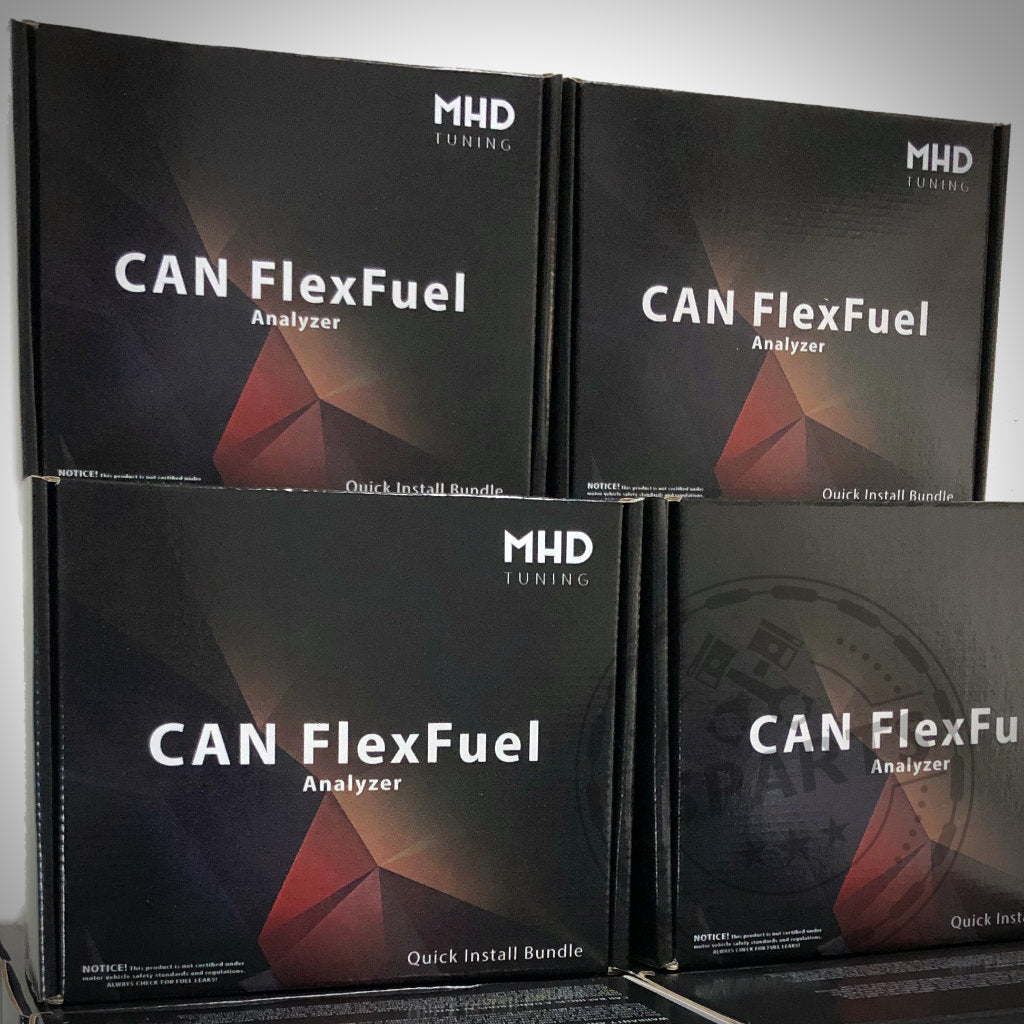 Vier schwarze Boxen mit der Aufschrift „55Parts Exclusive: MHD CAN Flex Fuel Analyzer (ECA Ethanol Content Analyzer) Quick Install Kit“ von MHD Tuning, übereinander gestapelt – zur Optimierung der Ethanolnutzung und Leistungssteigerung.