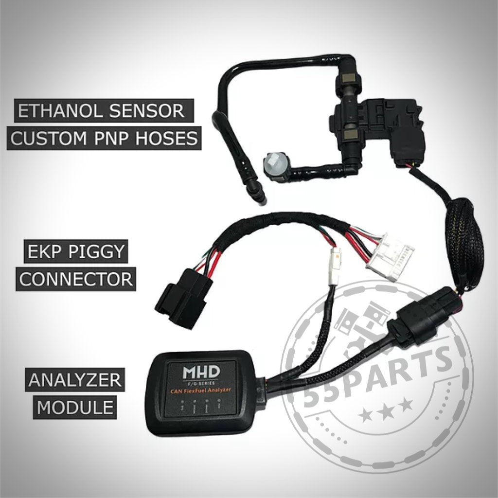Das 55Parts-Exklusivangebot: Das Schnellinstallationskit für den MHD CAN Flex Fuel Analyzer (ECA Ethanol Content Analyzer) von MHD Tuning umfasst kundenspezifische Schläuche, einen EKP-Piggy-Anschluss und ein Analysemodul für verbesserte Verbrennung und Klopffestigkeit.