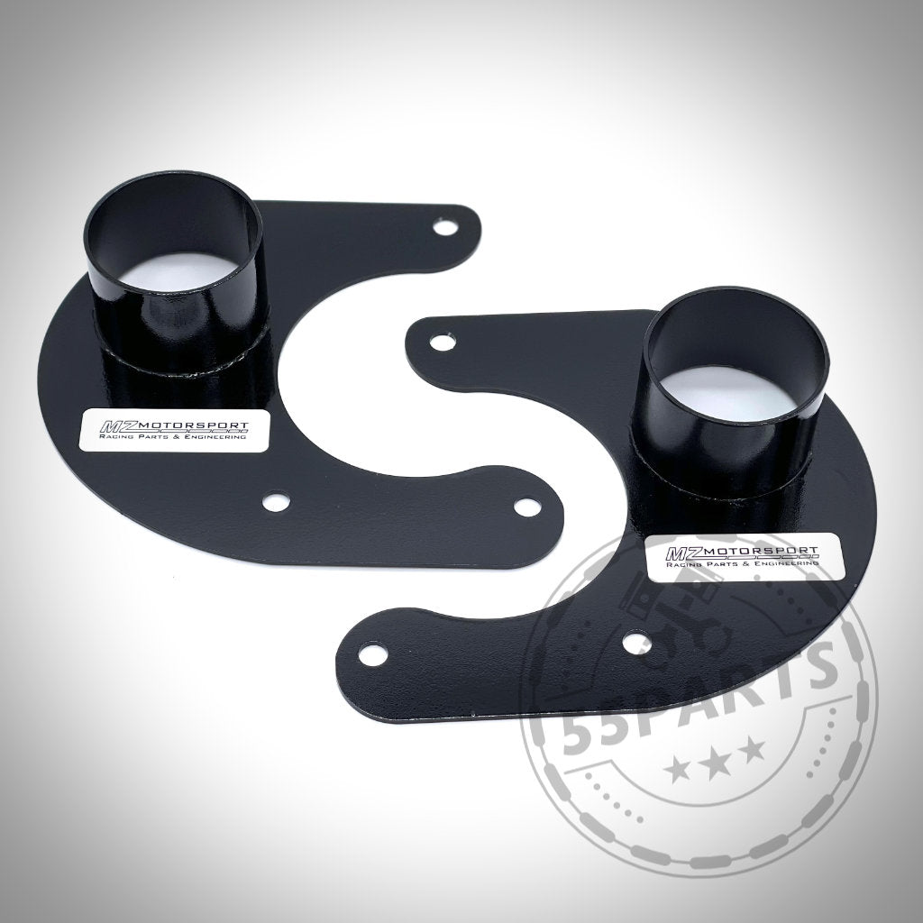 Zwei schwarze Ankerbleche für Bremsbelüftung aus Metall, passend für nahezu alle BMW Modelle und ideal für Leistungssteigerungen, sind mit Markenaufklebern auf weißem Hintergrund abgebildet.