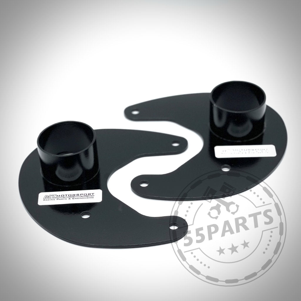 Zwei schwarze Ankerbleche aus Metall für Bremsbelüftung, kompatibel mit fast allen BMW-Modellen, abgebildet auf weißem Hintergrund mit verblasstem Logo.