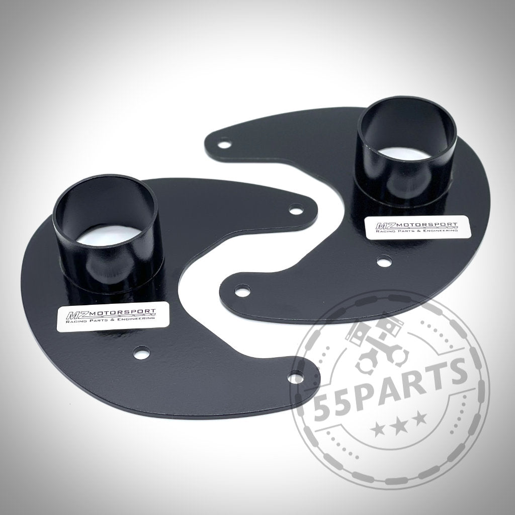 Auf weißem Untergrund sind zwei schwarze Ankerbleche aus Metall zur Bremsbelüftung, passend für fast alle BMW Modelle, abgebildet.