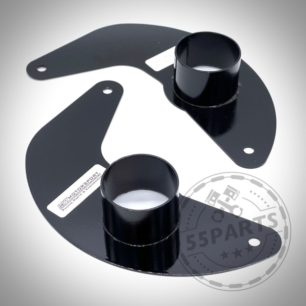 Ein Paar schwarze, gebogene Ankerbleche aus Metall zur Bremsbelüftung, kompatibel mit fast allen BMW-Modellen, abgebildet auf weißem Hintergrund.